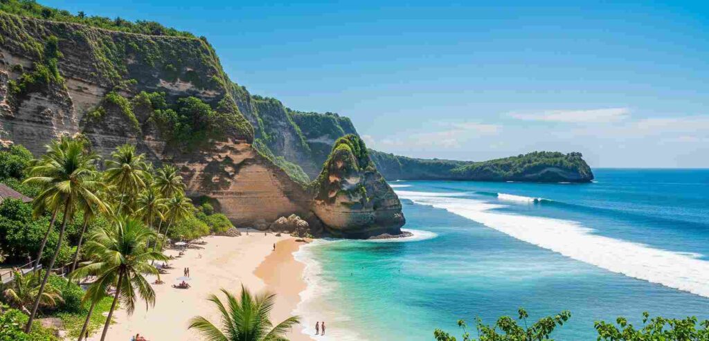 View pantai Melasti Ungasan dari atas, menampilkan pemandangan yang menakjubkan.